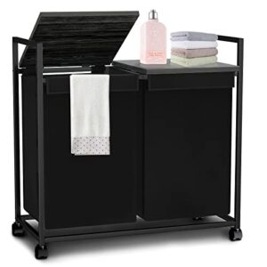 paklorde laundry hamper with lid,wheels laundry basket sorter 2 x 14 gal (112l),top shelf,600d oxford sorter bag metal frame industrial for bathroom dorm living room bedroom (black oak)