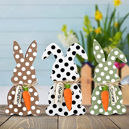 Home Decorations for Home-3 Pcs Spotted Bunny Wooden Sign Decor with Hemp Rope, Rabbit Shape Farmhouse Table Decor for Living Room, Dining Table, Party Desk