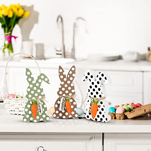 Home Decorations for Home-3 Pcs Spotted Bunny Wooden Sign Decor with Hemp Rope, Rabbit Shape Farmhouse Table Decor for Living Room, Dining Table, Party Desk