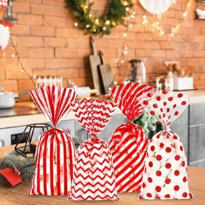 Whaline 160Pcs Christmas Cellophane Treat Bags Red Stripe Wave Dot Clear Cello Candy Bags with 170Pcs Twist Ties Cookie Goody Snack Packing Plastic Gift Bags for Valentine Party Favor Supplies