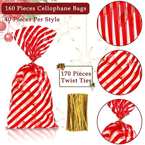 Whaline 160Pcs Christmas Cellophane Treat Bags Red Stripe Wave Dot Clear Cello Candy Bags with 170Pcs Twist Ties Cookie Goody Snack Packing Plastic Gift Bags for Valentine Party Favor Supplies