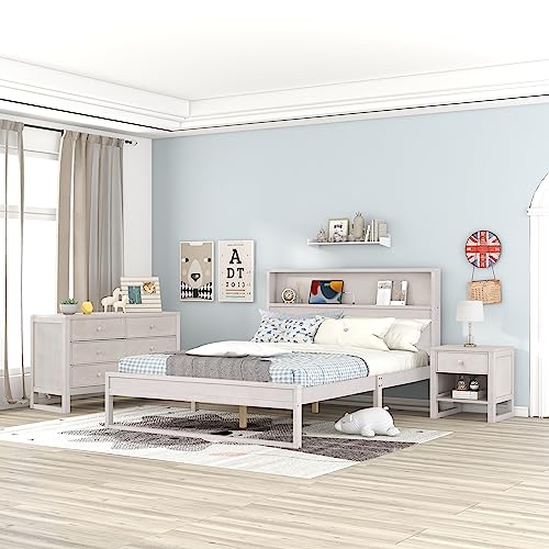 Merax Antique White 3 Pieces Solid Wood Bedroom Furniture Size Platform USB Charging, 1 Nightstand, 6-Drawer Dresser, Bed Set-Queen