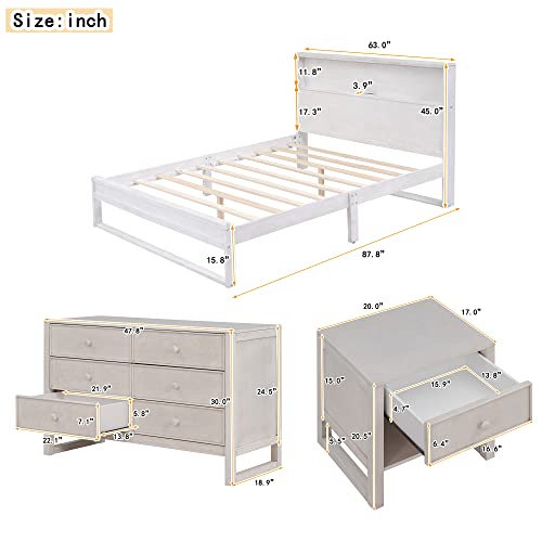 Merax Antique White 3 Pieces Solid Wood Bedroom Furniture Size Platform USB Charging, 1 Nightstand, 6-Drawer Dresser, Bed Set-Queen