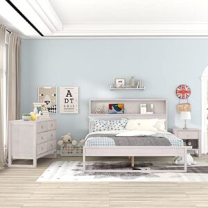 Merax Antique White 3 Pieces Solid Wood Bedroom Furniture Size Platform USB Charging, 1 Nightstand, 6-Drawer Dresser, Bed Set-Queen