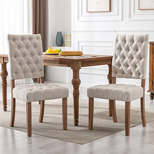 DUOMAY Tufted Dining Chairs Set of 2, Modern Linen Upholstered Dining Room Chairs Armless Guest Side Chair with Open Back for Kitchen Dining Room Restaurant, Wood Legs, Beige