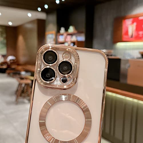 Threehundred for iPhone 14 Pro Max Case Magnetic Clear with Camera Lens Protector Full Protection MagSafe Electroplated Silicone Dust-Proof Net Shockproof Protective Case Cover 6.7 Inch - Gold