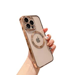 threehundred for iphone 12 pro max case magnetic clear with camera lens protector full protection magsafe electroplated silicone dust-proof net shockproof protective case cover 6.7 inch - gold