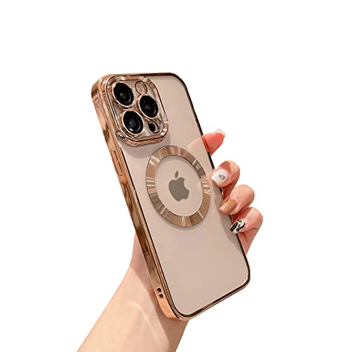 Threehundred for iPhone 12 Pro Max Case Magnetic Clear with Camera Lens Protector Full Protection MagSafe Electroplated Silicone Dust-Proof Net Shockproof Protective Case Cover 6.7 Inch - Gold