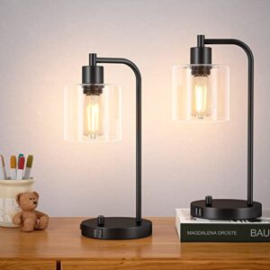 yotutun - set of 2 industrial table lamps with 2 usb port, black bedside lamps, fully dimmable nightstand desk lamp for reading bedroom living room, glass shade & 2 led bulbs included