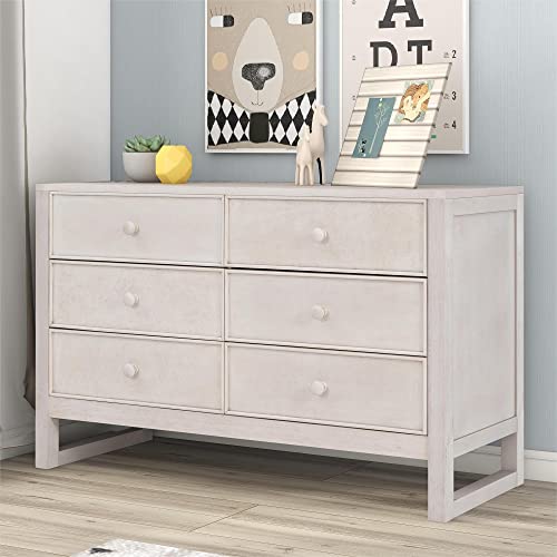Merax Dresser, Antique White Modern Farmhouse Wood Bedroom with 6, Wide Chest Closet, Clothes, Kids, Baby, TV Stand with Drawers