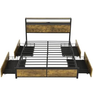 ADORNEVE LED Bed Frame Full Size with Charging Outlets and 2-Tier Storage Headboard, Metal Platform Bed with Storage Drawers and 2 LED Lights,No Box Spring Needed,Vintage Brown