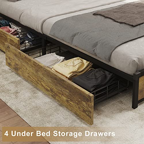 ADORNEVE LED Bed Frame Full Size with Charging Outlets and 2-Tier Storage Headboard, Metal Platform Bed with Storage Drawers and 2 LED Lights,No Box Spring Needed,Vintage Brown