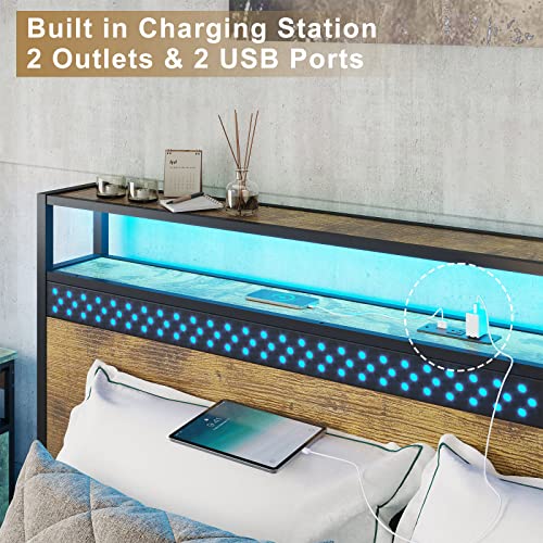 ADORNEVE LED Bed Frame Full Size with Charging Outlets and 2-Tier Storage Headboard, Metal Platform Bed with Storage Drawers and 2 LED Lights,No Box Spring Needed,Vintage Brown