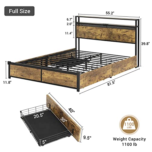 ADORNEVE LED Bed Frame Full Size with Charging Outlets and 2-Tier Storage Headboard, Metal Platform Bed with Storage Drawers and 2 LED Lights,No Box Spring Needed,Vintage Brown