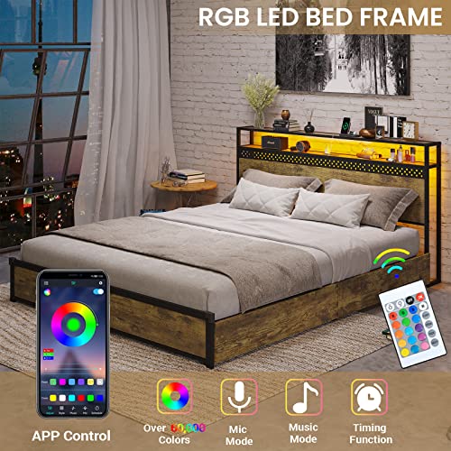 ADORNEVE LED Bed Frame Full Size with Charging Outlets and 2-Tier Storage Headboard, Metal Platform Bed with Storage Drawers and 2 LED Lights,No Box Spring Needed,Vintage Brown