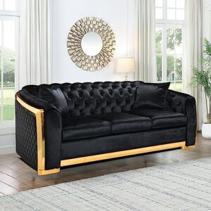 williamspace 81.1" tufted velvet sofa couch for living room, 3 seater button sofa with stainless steel gold plating decoration, comfy soft upholstered couch with 2 pillows - black