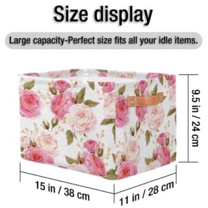 Storage Basket Bin, Floral Flower Rose Pink Large Collapsible Storage Cube Box with Handle Durable Waterproof Closet Shelf Organizer for Toy Nursery Bedroom Laundry Basket, 2 Pcs