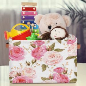 Storage Basket Bin, Floral Flower Rose Pink Large Collapsible Storage Cube Box with Handle Durable Waterproof Closet Shelf Organizer for Toy Nursery Bedroom Laundry Basket, 2 Pcs
