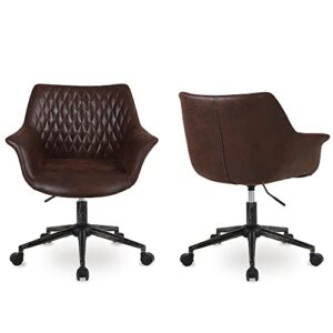 home office desk chair, set of 2 leather modern height adjustable task chair with armrest, back and wheels for living room study room and bedroom, brown