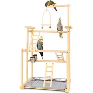 large bird playground parrot perch bird stands 3 layers parrot playstand gym playstand wood playpen for parakeet lovebirds conure cockatiel cockatoos with feeder cups (3 layers)