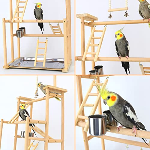 Large Bird Playground Parrot Perch Bird Stands 3 Layers Parrot Playstand Gym Playstand Wood Playpen for Parakeet Lovebirds Conure Cockatiel Cockatoos with Feeder Cups (3 Layers)