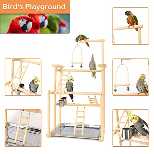 Large Bird Playground Parrot Perch Bird Stands 3 Layers Parrot Playstand Gym Playstand Wood Playpen for Parakeet Lovebirds Conure Cockatiel Cockatoos with Feeder Cups (3 Layers)