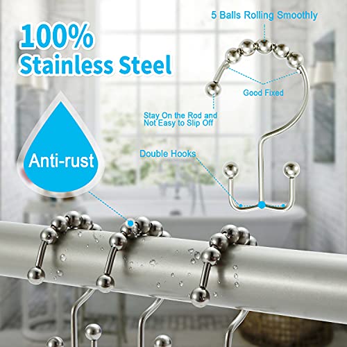 TENOVEL Curved Brushed Nickel Shower Curtain Rod &Brushed Nickel Double Sided Shower curtain Hooks(12 pcs)