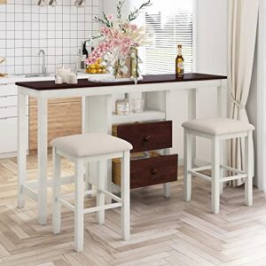 quarte farmhouse 3-piece dining table set,rustic counter height dining table set with 2 storage drawers and 2 stools for small places (brown+white/new*)