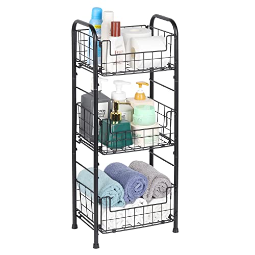 HEOMU Metal Bathroom Shelf Unit, 3 Tier Standing Shower Organizer Caddie with Three Tier Storage Shelving Bathroom Organizer Bins Holds Bath Towels, Soap, Shampoo and Toiletries(Black)