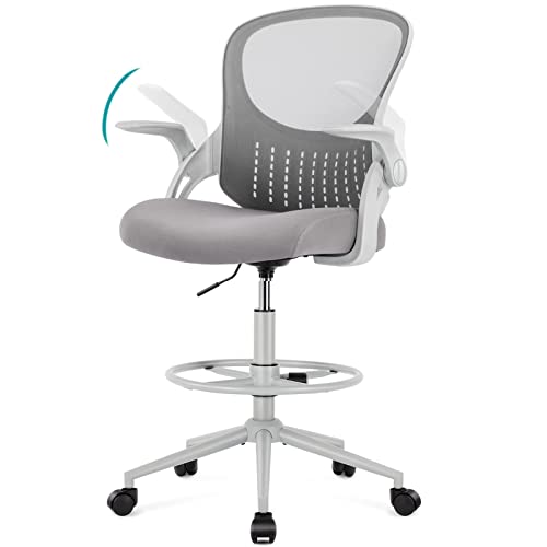 edx Drafting Chair Tall Office Chair, Tall Standing Desk Chair Counter Height Tall Adjustable Office Chair with Flip-up Arms/Wheels, Mid Back Mesh Office Drafting Chairs for Standing Desk, Grey