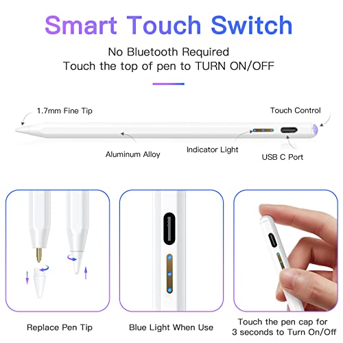 Hastraith Stylus Pen for iPad(2022-2018) with Palm Rejection&Tilt Function, Smart Active iPad Pencil 1st Generation for Apple iPad 10/9/8/7/6th, iPad Air 5/4/3rd, iPad Pro 12.9/11", iPad Mini 6/5 Gen