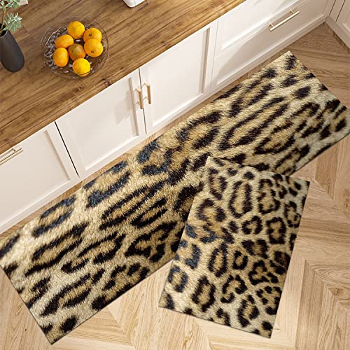 GUBIYU Gold Animal Print Area Rugs Runner Leopard Rug,Cheetah Print Rugs Super Absorbent Animal Print Carpet Non Slip Bathroom Rugs for Bedroom Living Room Teen Room Home Decor Set of 2 Kitchen Rugs