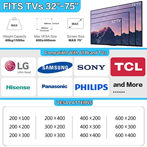 No Stud TV Mount for All Brand 32-75Inch TVs, Universal Studless TV Drywall Mount Bracket for Flat Screen TVs Monitors, Low Profile, Loading Capacity 150lbs, Vesa 200x100 to 600 x 400mm