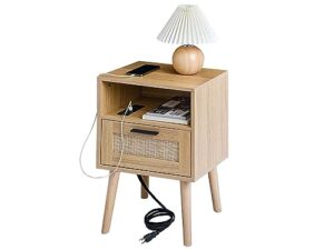 labcosi mid century modern end table, natural rattan nightstand with charging station, wooden bedside tables for living room and bedroom, natural wood side table with storage drawer