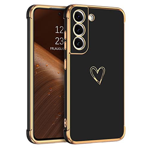 GUAGUA Compatible with Samsung Galaxy S21 FE 5G Case 6.4 Inch Slim Soft TPU Cover with Cute Heart Pattern for Women Girls Men Electroplated Shockproof Protective Case for Samsung S21 FE, Black