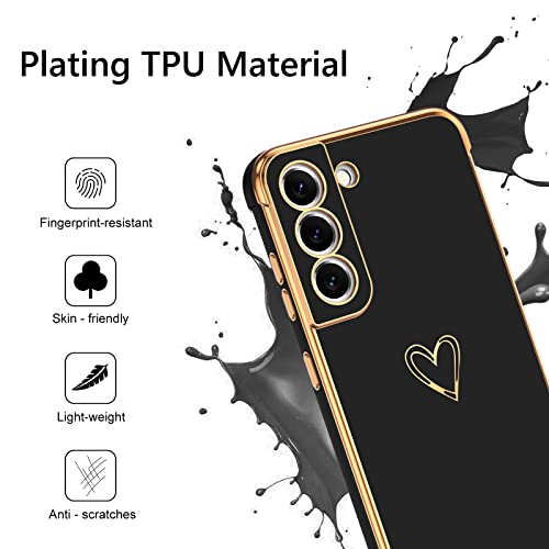 GUAGUA Compatible with Samsung Galaxy S21 FE 5G Case 6.4 Inch Slim Soft TPU Cover with Cute Heart Pattern for Women Girls Men Electroplated Shockproof Protective Case for Samsung S21 FE, Black