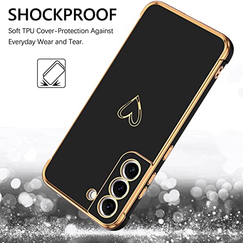 GUAGUA Compatible with Samsung Galaxy S21 FE 5G Case 6.4 Inch Slim Soft TPU Cover with Cute Heart Pattern for Women Girls Men Electroplated Shockproof Protective Case for Samsung S21 FE, Black