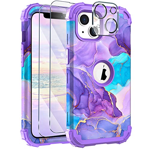 Hocase for iPhone 13 Case, with 2pcs Screen Protectors and 1pc Camera Protector, Shockproof Heavy Duty Soft Silicone Rubber+Hard PC Hybrid Protective Case for iPhone 13 (6.1") 2021 - Purple Meets Blue