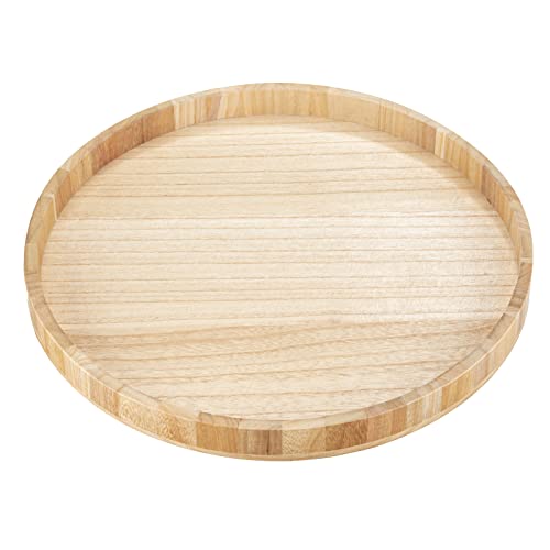 13 Inches Large Solid Wooden Serving Tray Round Tea Coffee Table Tray Snack Food Meals Serving Plate Kitchen Party Bar Server Breakfast Tray with Raised Edges Nature Wood Ottoman Tray