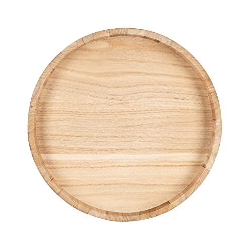 13 Inches Large Solid Wooden Serving Tray Round Tea Coffee Table Tray Snack Food Meals Serving Plate Kitchen Party Bar Server Breakfast Tray with Raised Edges Nature Wood Ottoman Tray