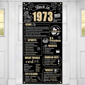 50th birthday decorations back in 1973 door banner for men women, black gold happy 50 birthday door cover party supplies, fifty year old bday backdrop sign decor for outdoor indoor