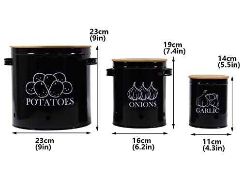 Gdfjiy Onion and Potato Storage, Set of 3 Antique Cream Vintage Potato Onion, Home Space-Saving Kitchen Canisters with Bamboo Lid & Handles - Airtight Potato, Onion & Garlic Keeper for Vegetable Storage - Long Shelf Life (Black)