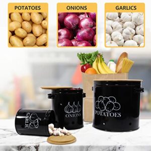 Gdfjiy Onion and Potato Storage, Set of 3 Antique Cream Vintage Potato Onion, Home Space-Saving Kitchen Canisters with Bamboo Lid & Handles - Airtight Potato, Onion & Garlic Keeper for Vegetable Storage - Long Shelf Life (Black)