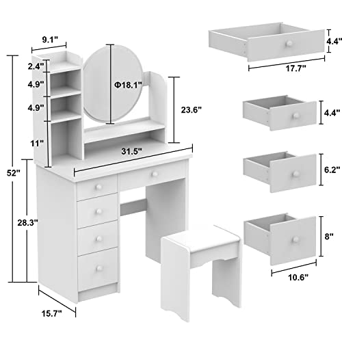 FAMAPY Vanity Desk with Mirror, Makeup Vanity with Drawers, Vanity with Mirror & Shelves, Cushion Stool, for Bedroom Pink (31.5”W x 15.7”D x 53.1”H)