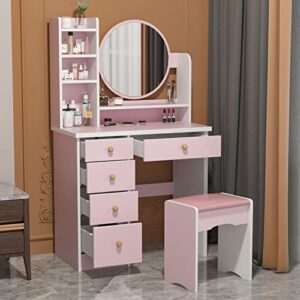 famapy vanity desk with mirror, makeup vanity with drawers, vanity with mirror & shelves, cushion stool, for bedroom pink (31.5”w x 15.7”d x 53.1”h)