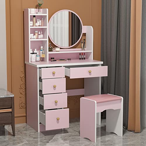 FAMAPY Vanity Desk with Mirror, Makeup Vanity with Drawers, Vanity with Mirror & Shelves, Cushion Stool, for Bedroom Pink (31.5”W x 15.7”D x 53.1”H)