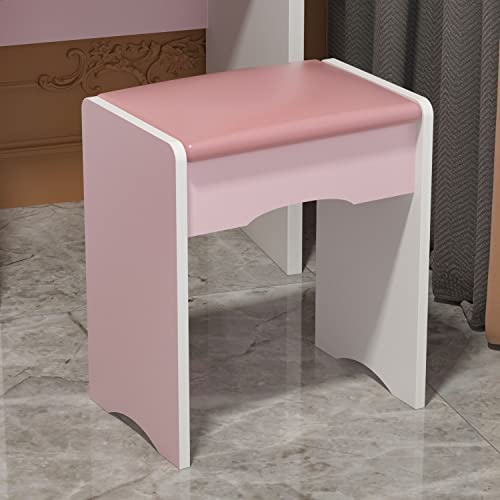 FAMAPY Vanity Desk with Mirror, Makeup Vanity with Drawers, Vanity with Mirror & Shelves, Cushion Stool, for Bedroom Pink (31.5”W x 15.7”D x 53.1”H)