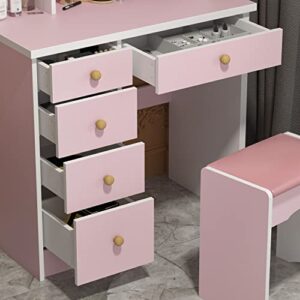 FAMAPY Vanity Desk with Mirror, Makeup Vanity with Drawers, Vanity with Mirror & Shelves, Cushion Stool, for Bedroom Pink (31.5”W x 15.7”D x 53.1”H)