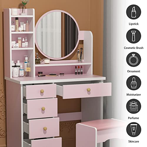 FAMAPY Vanity Desk with Mirror, Makeup Vanity with Drawers, Vanity with Mirror & Shelves, Cushion Stool, for Bedroom Pink (31.5”W x 15.7”D x 53.1”H)