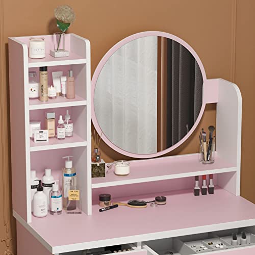 FAMAPY Vanity Desk with Mirror, Makeup Vanity with Drawers, Vanity with Mirror & Shelves, Cushion Stool, for Bedroom Pink (31.5”W x 15.7”D x 53.1”H)